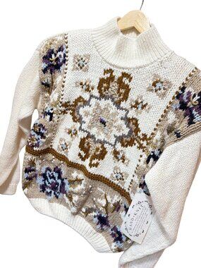 Hand-Knit Jamie Scott NWT Floral Knit Mock Neck Vintage 80s Sweater Large